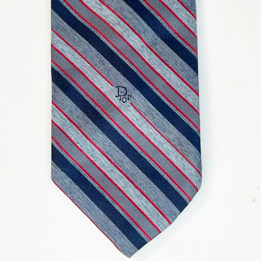 Christian Dior Striped Print Mens Neck Tie Blue Navy Red Woven Made in USA